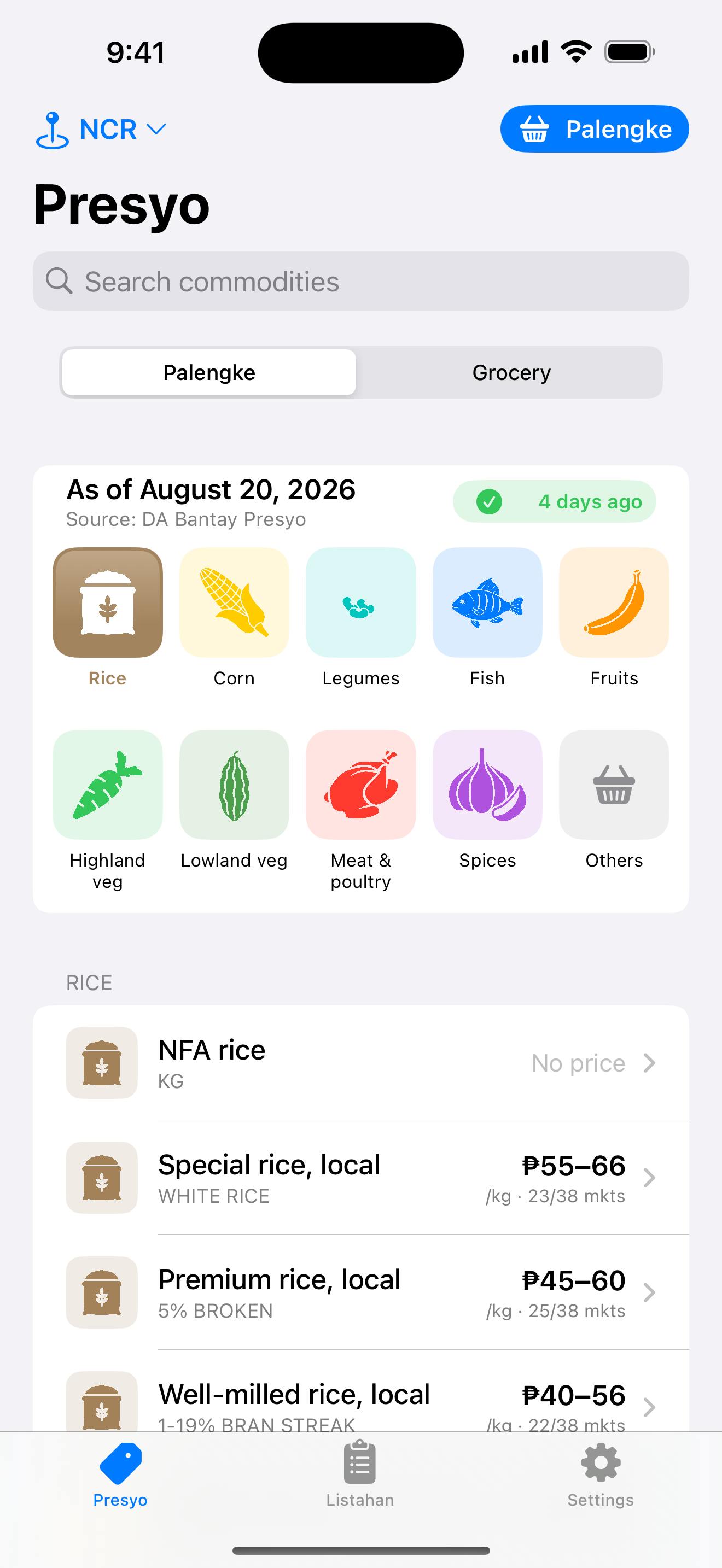 Presyo app showing NCR palengke prices